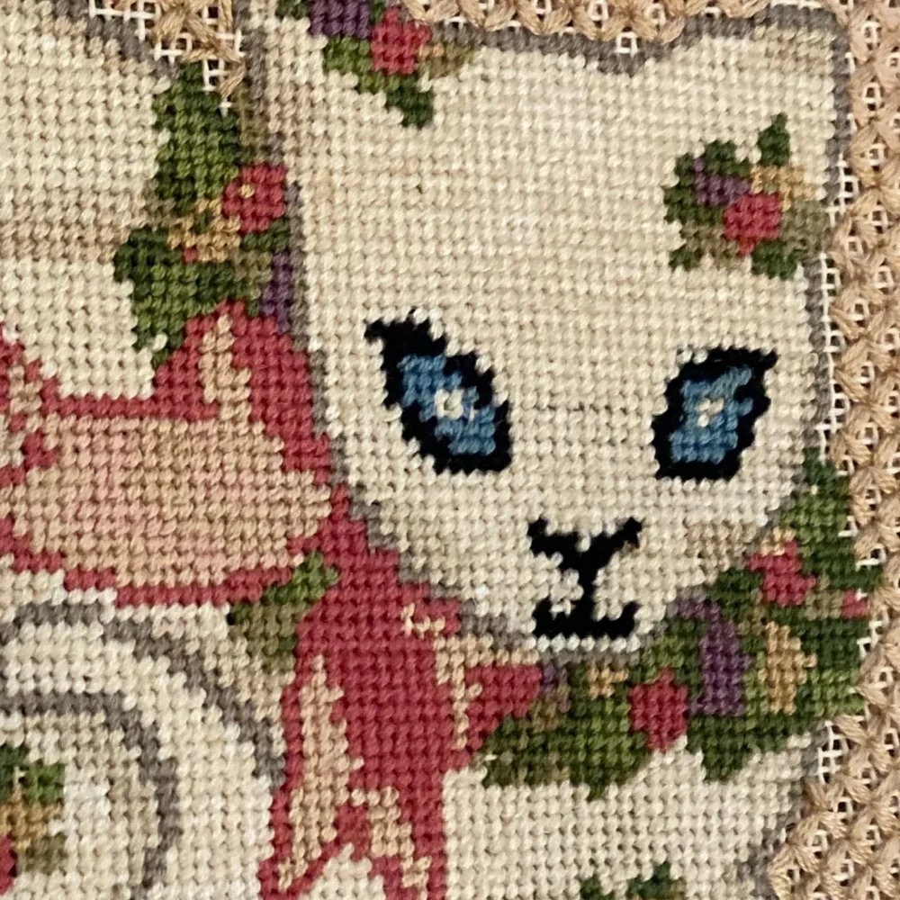 Vintage Framed Cat Wall Art Needlepoint in Burgundy Mauve Frame